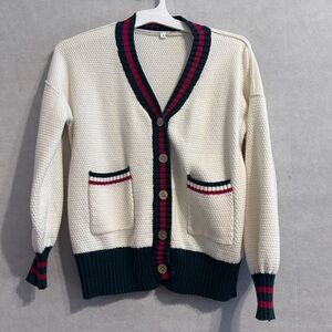 Cream knit cardigan white red dark green striped SZS grandpa front pockets cozy